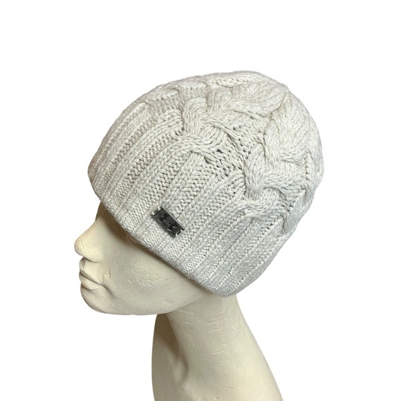 Under Armour Cable Knit Beanie Hat Cream and Gray Fleece Lined Winter Hat - Picture 1 of 16